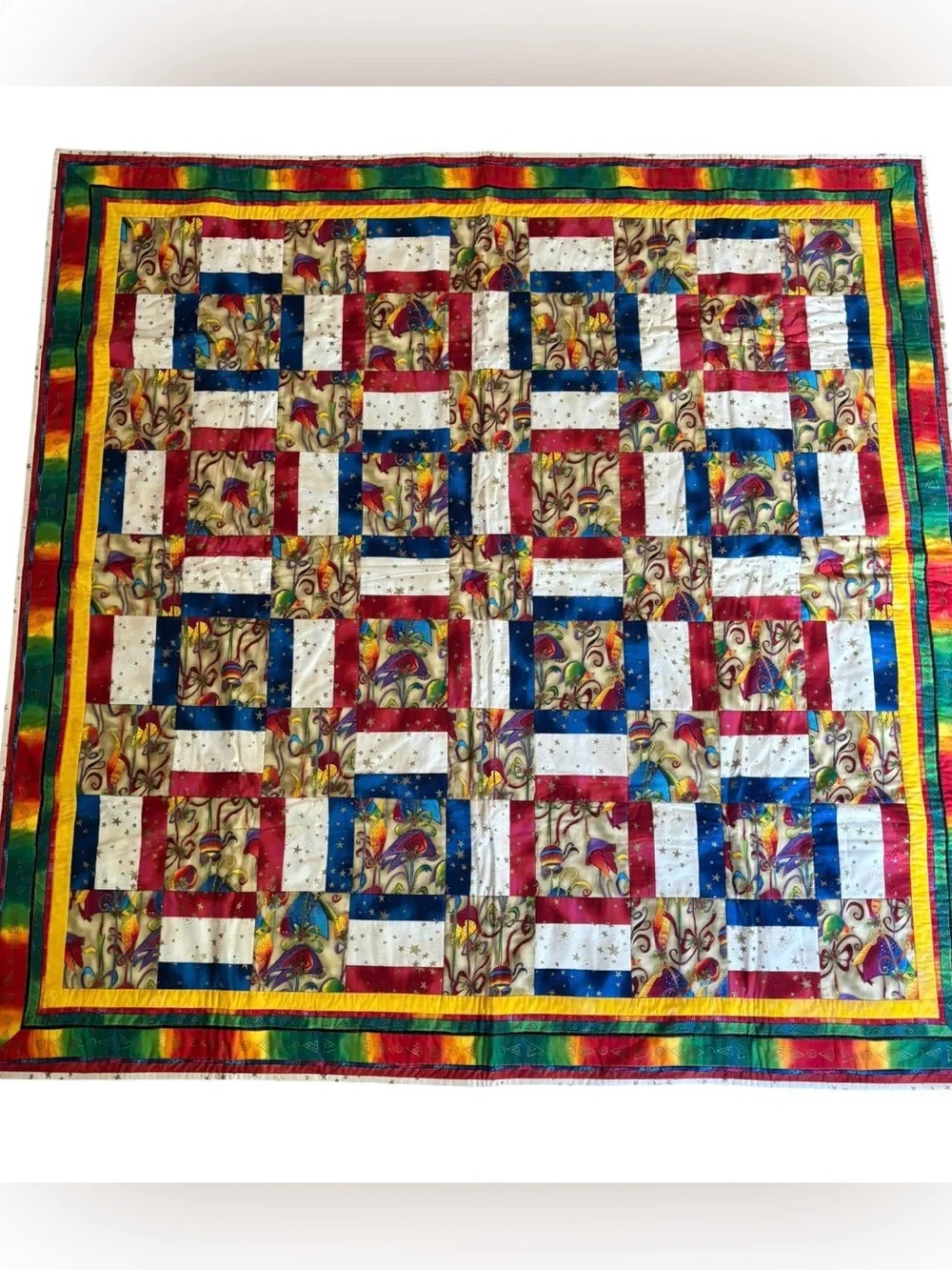 Handmade Laurel Burch Quilt - Patriotic Americana Patchwork Throw 58x58 Cabin